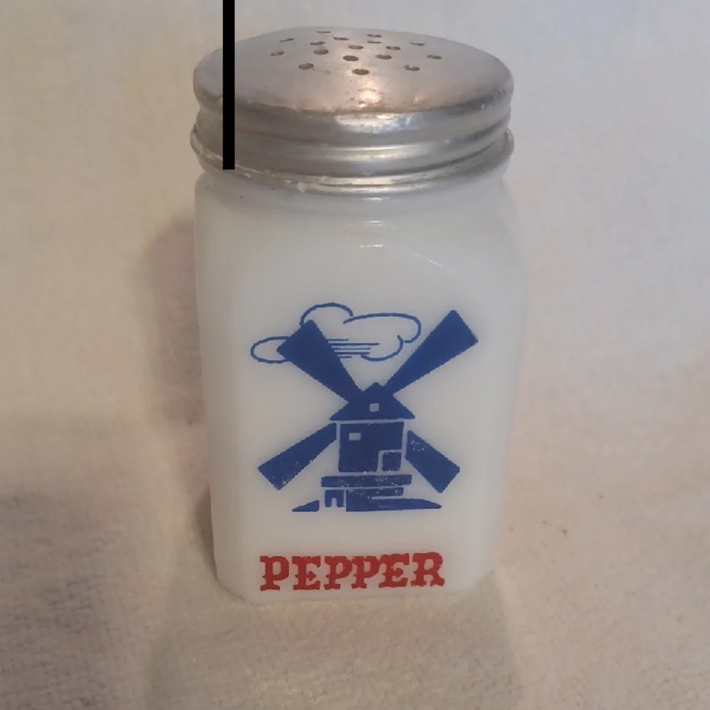 Vintage Pepper Shaker Blue Windmill Design Hazel Atlas Milkglass 1940's-1950's